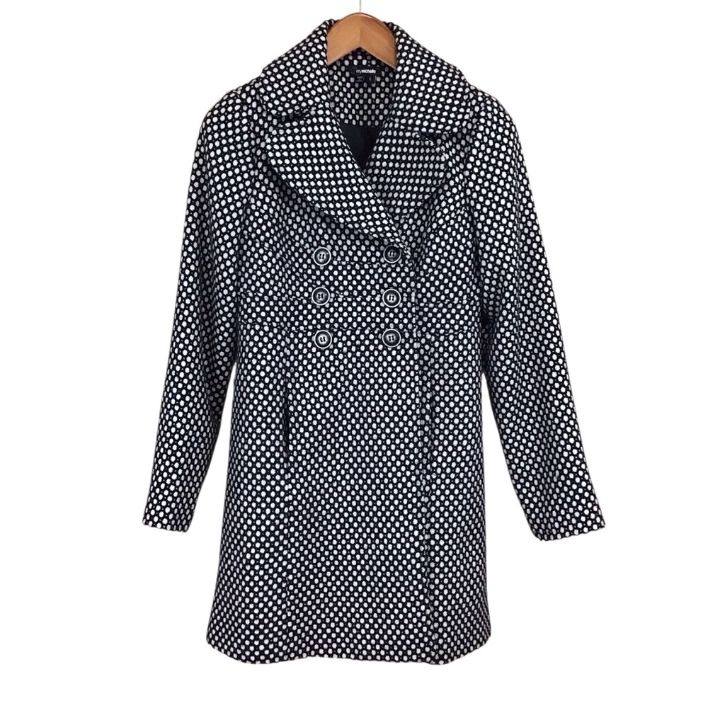 My Michelle Double Breasted Black and White‎ Polka Dot Pea Coat L